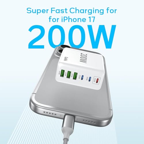2 Pack USB C Charger Block 200W 6 Port GaN Super Fast Type C Charger | Foldable PD Charging Station for All iPhone 17 16 /android phone Samsung Galaxy S25/S24/MacBook/ iPad - color: White