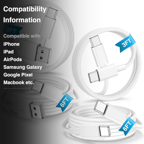 4 Pack 3/3/6/6FT 60W USB C to USB C Cable & USBA to USBC Fast Charging Cord | Car Carplay USB C Charge Cable for iPhone 17 16 15 Pro Max, Type C Cable for Samsung S26/S25, MacBook Pro/Air, iPad - White - color: White, size: 3ft+3ft+6ft+6ft