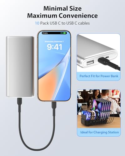 SOOPII 10-Pack Short USB C to USB C Cables,8 Inch/0.7Ft 60W Type C Fast Charging Cables,Compatible with lPhone,Galaxy,lPad,MacBook,Charging Station and Power Bank Accessory(Black) - color: Black, size: C to C-10P(60W)
