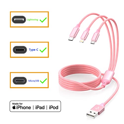 Multi Charging Cable 4ft 3Pack 3 in 1 Charger Cord, Multiple Rapid Cable | Nylon Braided Cable USB Charging Cable Multi Phone Charger Cord with Type C Micro Lightning for Apple iPhone17-5 Cell Phones - color: Pink-4ft