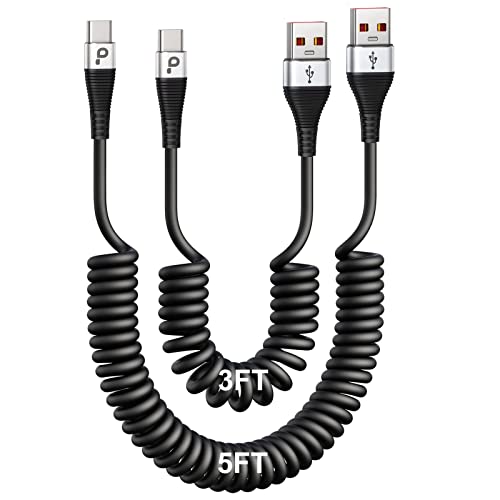 USB Type C Coiled Cable Fast Charging (3FT/5FT) 2Pack Android Auto Charging | Cord for Car, Short USB A to USB C Charge Cable Compatible with iPhone 17/16/15/Pro Max/Samsung Galaxy S20 Note 10 and More - color: Silver, size: 3FT/5FT, style: USB A to USB C