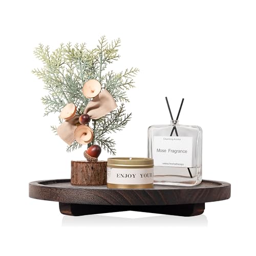 Round Decorative Tray Farmhouse Kitchen Decor Soap Dish, 12" Bark Brown | Waterproof, Lightweight, Easy Clean, Wood Riser Pedestal Stand Accessories for Office Desk, Vanity, Counter, Sink - color: Dark Brown, size: 12"