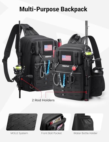 Piscifun Fishing Backpack Tackle Bag with 2 Rod Holders, Multi-Compartment Storage, MOLLE System, Water-Resistant Lightweight Outdoor Pack,Double Shoulder Black Camouflage Large | Water-Resistant Lightweight Outdoor Pack, fits 3×3700 boxes, reinforced sti