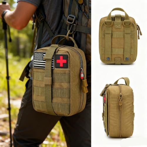 Tactical MOLLE Med Pouch - Waterproof Outdoor First Aid Kit, Molle System Combat EMT Pouch for Emergency Survival Gear, Camping, Hiking & Rescue - color: Khaki