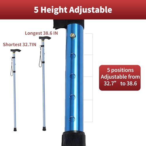 Folding Walking Cane for Seniors, 5-Level Adjustable Height Lightweight Aluminum Walking Stick with Ergonomic Handle, Portable Travel Cane with Anti-Slip Tip, Foldable Mobility Aid for Men Women - color: Blue