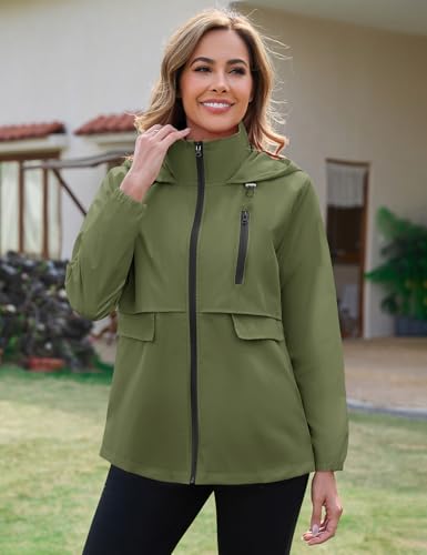 Avoogue Rain Jacket Women with Hooded Waterproof Raincoats - color: Army Green, size: Large