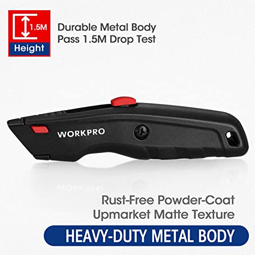WORKPRO Premium Utility Knife, Retractable All Metal Heavy Duty Box Cutter, Quick Change Blade Razor Knife, with 10 Extra Blades - color: Black