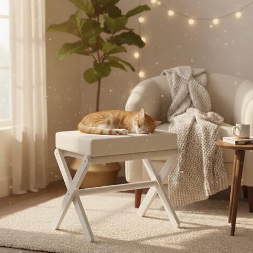 BAMBOOHOMIE Foldable Foot Stool Ottoman, Modern Foot Rest with Bamboo X Legs & Thick Foam Cushion, Folding Foot Stools Small Padded for Bedroom Living Room, Footstool for Chair Couch (White - White) - color: White - White