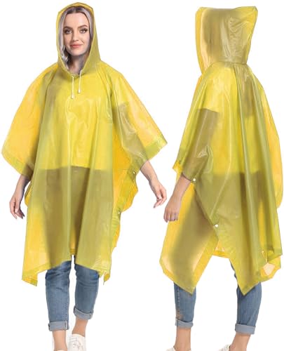 Reusable Rain Ponchos with Drawstring Hood for Adults, Waterproof Thicken Rain Coat, 2 Packs - color: Yellow (2-pack)