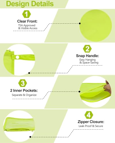 babygoal TSA Approved Lime Green Clear Travel Organizer Bags 3 Pack | Water Resistant Fabric, Dual Inner Pockets, Detachable Snap Handle, Secure Zipper Closure Storage Pouches - color: Fluorescent Green