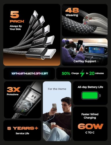 LISEN USB C to USB C Cable, 5-Pack [3.3/3.3/6.6/6.6/10FT] 60W Fast Charging | for iPhone 17/16/15 Series, iPad, Galaxy S26/S25/S24, 5 Pack Gifts for Home, Office, Bed, Car and Travel Charger Cord, Black - color: Black, size: 3.3+3.3+6.6+6.6+10FT