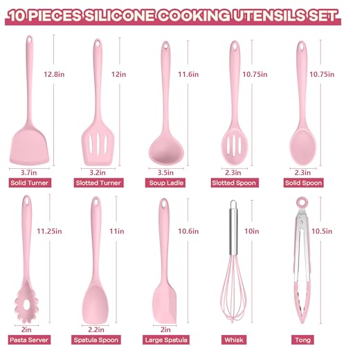 TeamFar Silicone Cooking Utensils, 10 pcs Kitchen Cooking Utensils Set | Heat Resistant Kitchen Gadgets Tools Set w/Spatula, Turners, Spoons, Soup Ladle, Pasta Server for Nonstick Cookware, Pink - color: Pink