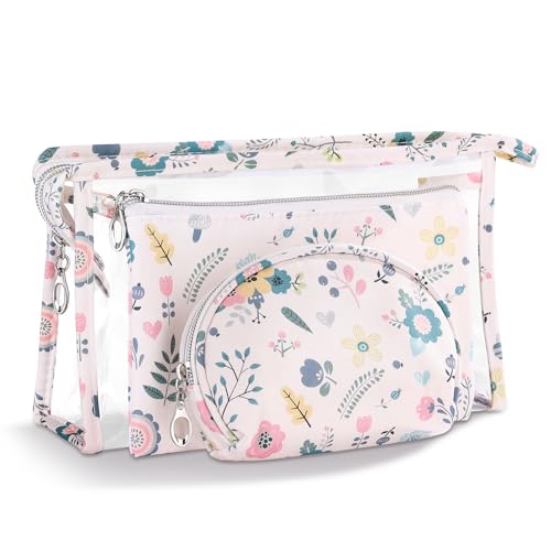 Richeart Makeup Bag, Clear Bag with Zipper, 3PC Floral Flowers Makeup Pouch, Waterproof Small Pouch, Portable Travel Toiletry Bag, C - style: C