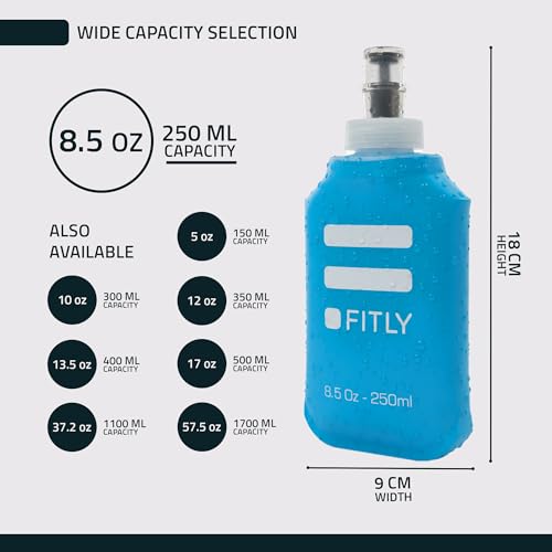 FITLY Soft Flask - Shrink As You Drink Soft Water Bottle for Hydration Pack - Folding Water Bottle Ideal for Running, Hiking, Cycling, Climbing & Rigorous Activity - color: Blue, size: 8.5 Ounces