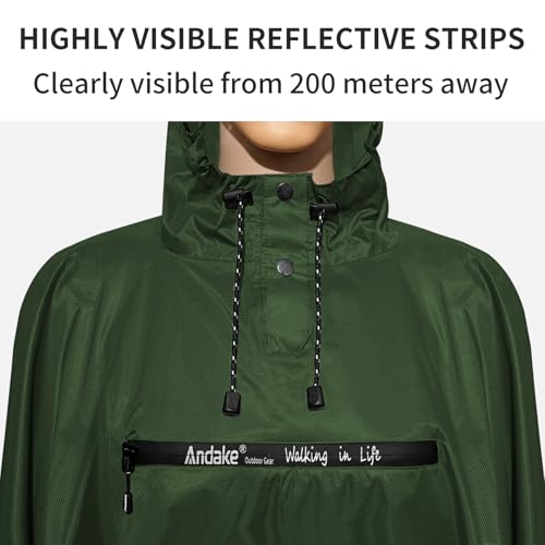 Andake Waterproof Rain Poncho for Adults Unisex,230T Ripstop Polyester,Raincoat Gear with Transparent Viewing Window Outdoors - color: Dark Green