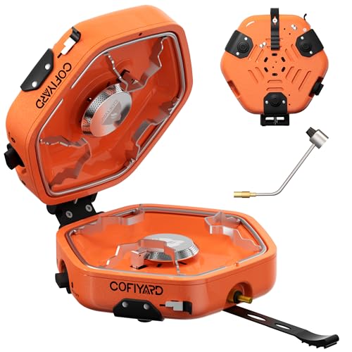 Cofiyard Propane 2 Burner Camping Stove with Carrying Bag, Portable Folding Gas Stove for Camping, Backpacking Camp Stove for Outdoor Cooking with 17,000 BTU Adjustable Burners for BBQ, Tailgating - color: Tangerine