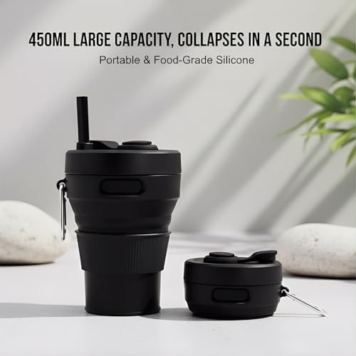 Silicone Coffee Mug Collapsible Cups for Camping Folding Travel with Straw Reusable Portable Drinking Cups Outdoor Hiking 450ml (Green-450ml, 1) - color: Green-450ml