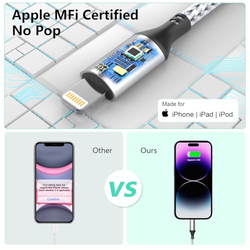 20FT Extra Long USB A to Lightning Charger Cable for iPhone,Apple MFi Certified Charger Cord, 6M Fast Charging Nylon Braided Charge Cord for iPhone 14 Pro Max/14/13Pro/12/11/X/XS/XR/8/7/6/iPad-Gray - color: Silver
