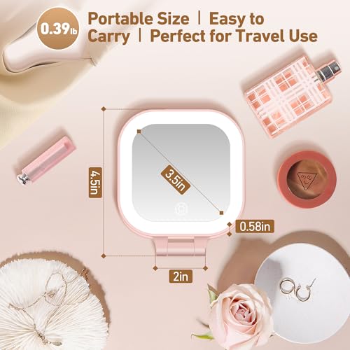 GOMIPURU Travel Mirror with Light, 1x/30x Magnifying Mirror with 3 Color Lights and Adjustable Brightness, 4.5x3.9 inch Small Compact Hangable Hand Pocket 3 Way Mirrors, Comes with Tweezer - color: Pink