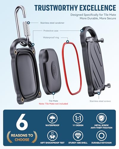 DDJ 4 Pack for Life360 Tile Mate 2024 Tracker Case, IPX8 Waterproof Protective Holder, Heavy Duty Anti-Loss Screw Lock Cover with Metal Carabiner for Keys, Luggage, Backpack & Pet Collar, Black