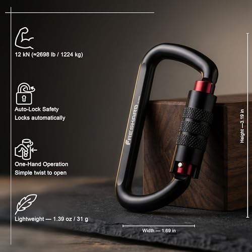 FresKaro 3inch 12kN-2698lbs Auto Locking Carabiner Clips, Solid D Shape, Heavy Duty 7075 Aluminum, Lightweight 1.09oz, Rust Proof, for Hammock, Hiking, Dog Leash, Keychain etc., Multi-Colors - color: Black-2pcs
