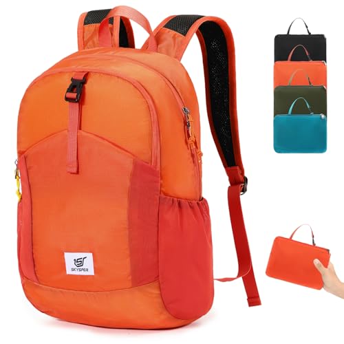 SKYSPER Small Packable Hiking Backpack 20L Anti-theift Travel Daypack | RFID Ultralight Foldable Walking Backpack with Water Bottle Holder, Nylon, Multi-compartment, Everyday Carry for Men Women - color: Orange