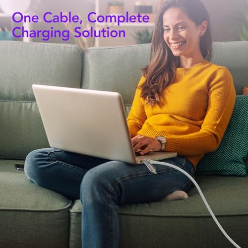 MFish 240W 4-in-1 Fast Charging Cable, White, 6.6FT | Carrying Case, USB-A & USB-C to USB-C/Lightning, For iPhone 17/16/15/14, MacBook, iPad, Laptop, Samsung S25/S24 - color: White, size: 6.6Ft