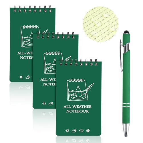 Waterproof Pocket Notebooks with Pens, 3x5 Mini Notepad All Weather Top-Spiral Memo Police Notebook Steno Note Pads for Outdoor Office School (3, Green) - color: Green