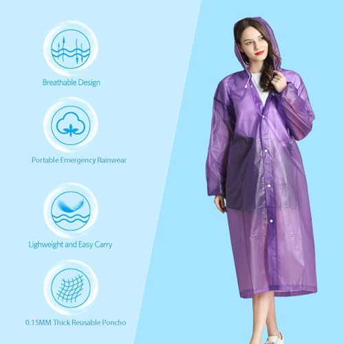 HLKZONE Raincoat, 2 Pack Rain Ponchos for Adults Travel Rain Jacket Packable Rain Coats for Women with Drawstring Hood - color: G-purple
