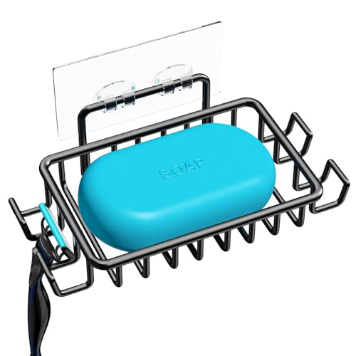 Nieifi Soap Dish Holder with 4 Hooks Stainless Steel Black Adhesive for Shower, Bathroom | Stainless steel, razor holder, 4 hooks, soap dish for shower, wall mounted, soap caddy, sponge holder, rustproof, black - color: Black, size: 1 Pack