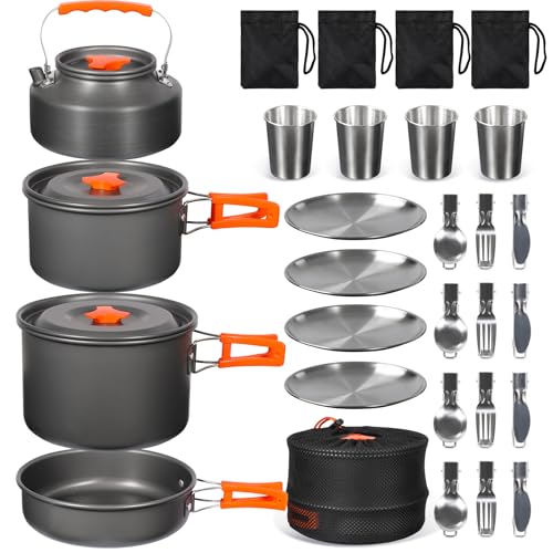 REDCAMP 6/10/11/12/14/15/19 PCS Camping Cookware Mess Kit Camping Gear Campfire Utensils Lightweight Stackable Pot Pan Bowls Soup Spoon with Storage Bag for Camping, Backpacking, Outdoor Cooking - style: Orange,25 Pcs W/Kettle