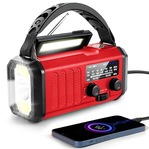 10000mAh Emergency Crank Radio, NOAA/AM/FM Weather Radio, Type-C Charge,Solar Charging,SOS, 3 Modes LED Torch, Reading Lamp, Compass for Outdoor Survival (Red) - color: Red