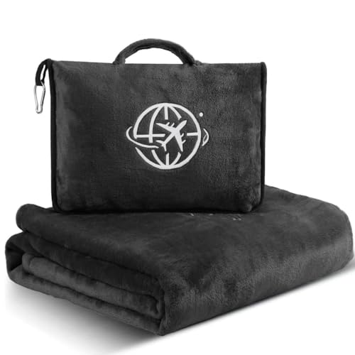 2-in-1 Travel Blanket and Pillow – Lightweight, Compact, Ultra Soft, Machine Washable – Handle, Luggage Sleeve, Backpack Clip – for Travel Airplane, Car, Office (Black) - color: Black