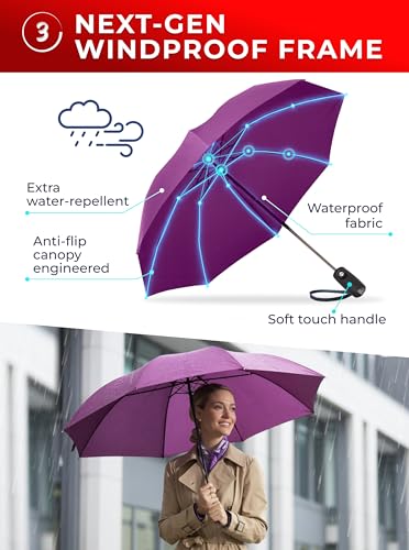 Raintrend Windproof Travel Umbrellas for Rain Automatic +10% Bigger Canopy Strong Frame Compact Folding Portable Umbrella for Women Men Backpack Purse - color: T1 Purple1