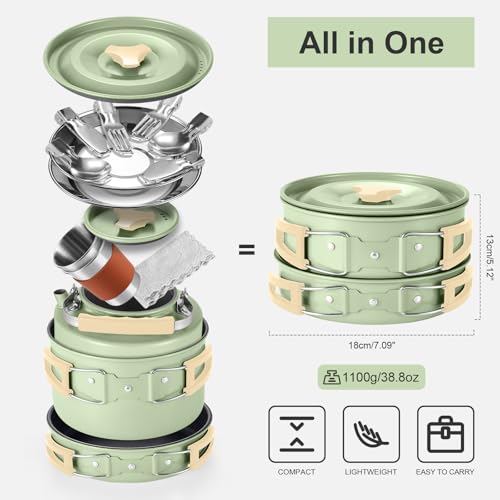 Odoland 15pcs Camping Cookware Mess Kit, Lightweight Pot Pan Kettle Set | Anodized aluminum, for hiking, outdoor cooking and picnic, 1.9L pot 0.8L kettle 0.86L pan mess kit, little compact pot set - style: Green