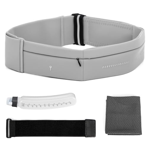 Slim Running Belt for Men and Women, Running Waist Pack | with Water Bottle & Towel Multi Pocket Fanny Pack - Phone Holder, Adjustable for Running, Climbing - Medium - Grey - color: Grey-medium
