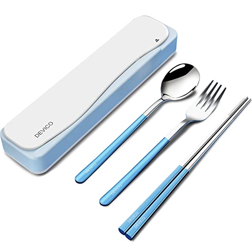 DEVICO Travel Utensils with Case, 4Pcs Portable Silverware Set for Work, 18/8 Stainless Steel Reusable Cutlery, Korean Spoon and Chopsticks Fork for Camping, School, Lunch Box Accessories (Blue) - color: Blue