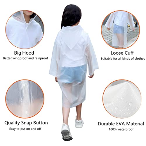 Raincoat Rain Poncho for Kids, 2-5 Pack Reusable EVA Rain Coats for 6-14 Boys Girls, Rain Jackets Gear with Hood - color: White X5