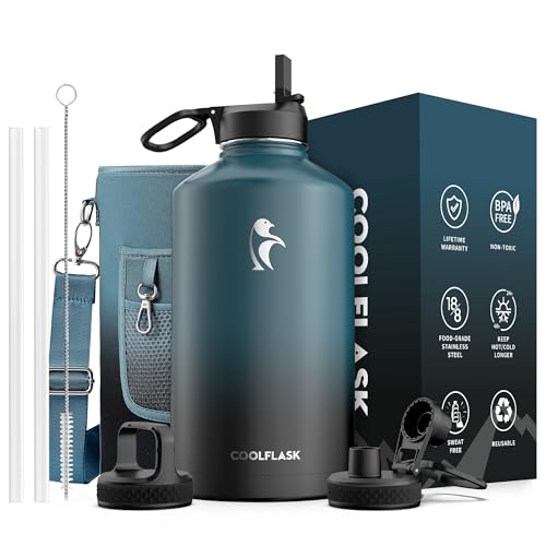 Coolflask 128 oz Gallon Water Bottle Insulated with Straw & 3 Leakproof Lid | Large Water Jug Stainless Steel Triple-Wall, Cold 48+h/Hot 24+h, Dishwasher Safe, BPA-Free, for Outdoor Gym & Hiking - color: Samurai Cyan, size: 128 Ounces