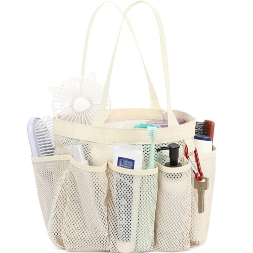 Fammart Mesh Shower Caddy Portable for College Dorm Room Essentials, Odorless Polyester Large Shower Tote Bag with Dual Handles, 8-Pocket Quick-Dry Toiletry Organizer for Travel, Beach, Camping, Gym - color: Multiple Pockets, 1 Pack - Beige