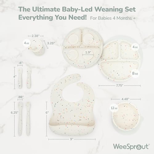 WeeSprout Baby Led Weaning Bundle, Silicone Suction Bowl, Spoons, Bib & Cup, Develops Self Feeding Skills, Dishwasher Safe (Confetti) - color: Confetti