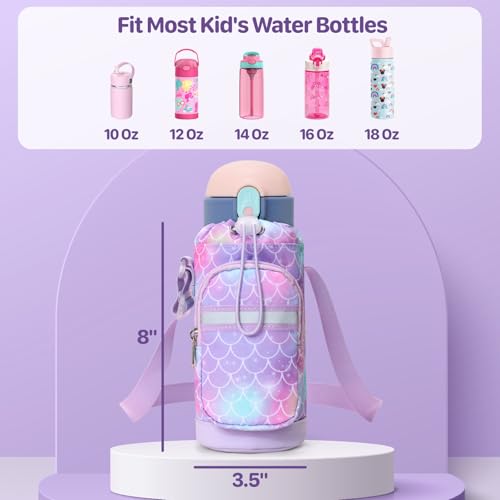 Water Bottle Holder for Kids - Water Bottle Carrier with Strap - color: 1-Purple Mermaid Scale