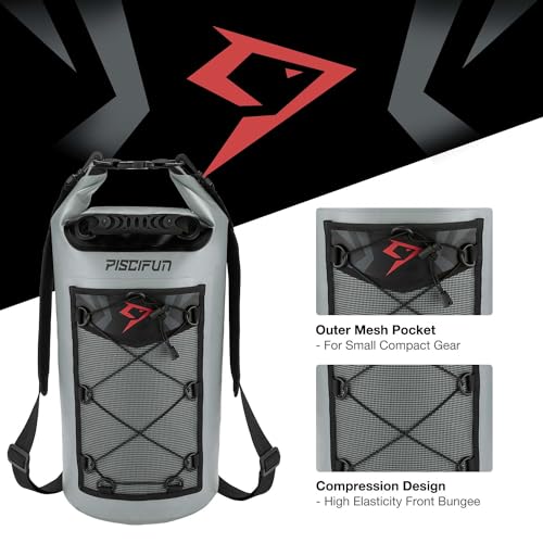 Piscifun Dry Bag, Waterproof Floating Backpack 10L/20L/30L/40L | Waterproof Phone Case, Adjustable shoulder straps, Roll-top closure keeps gear dry, Ideal for Boating, Kayaking, Fishing - color: Grey, style: 10l