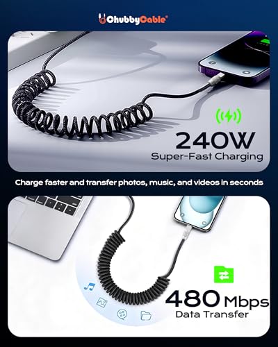 chubbycable USB A to C 120W Braided Coiled Charging Cable, Gray, 6FT | 45,000+ Bend Tested, 480Mbps Data Transfer, E-Marker Safety Chip, Strong Elasticity, Retracts to Stay Neat - color: Grey, style: USB A-Type C