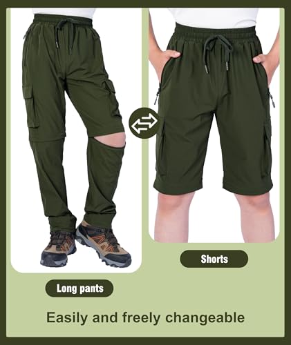 Kids Hiking Convertible Zip Off Pants Quick Dry Outdoor Nylon Pants Waterproof Stretchy with Zip Pockets 4-16Y - color: Green, size: X-Small