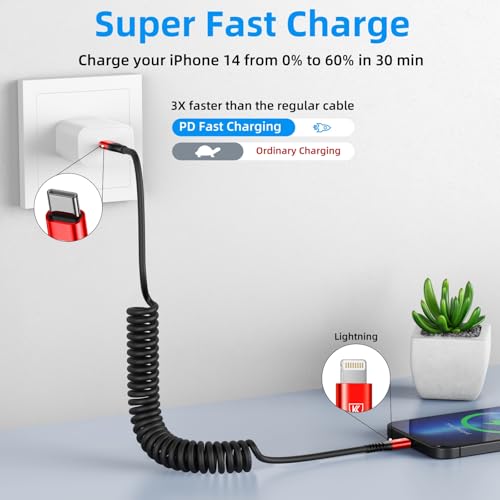 USB C to Lightning Cable for Carplay, 2Pack 3FT Coiled Type C to Lightning | Cable Fast Charging [Apple MFi Certified] iPhone Charger Cable Compatible with 14 13 12 11 Pro Max Xr Xs 8 7 Plus-Red - color: Red, size: 3FT, style: Usb C to Lightning