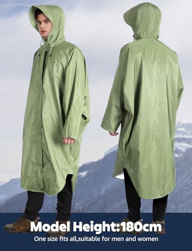 ANYOO Waterproof Rain Poncho for adults Lightweight Reusable Hiking Hooded Coat Jacket for Outdoor Activities - color: Tea Green
