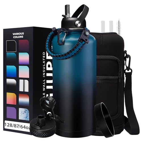 87/128 oz Insulated Water-Bottle with straw - Gallon Water Bottles with Phone Holder, Stainless Steel Water Jug with Strap & Auto Chug Lids, Gym Camping Sport Metal Flask w/Paracord Handle - color: Indigo Black Gradient, size: 87 Ounces