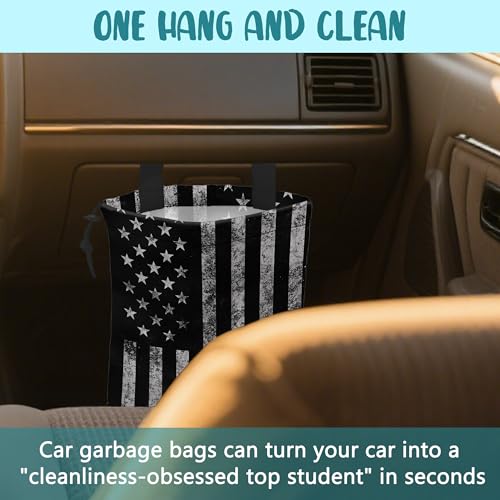Car Garbage Bag Black and White American Flag Hanging Canvas Car Trash Bag Drawstring Car Back Seat Organizer for Car Back Front Seat Console with Adjustable Buckle - color: Black and White American Flag