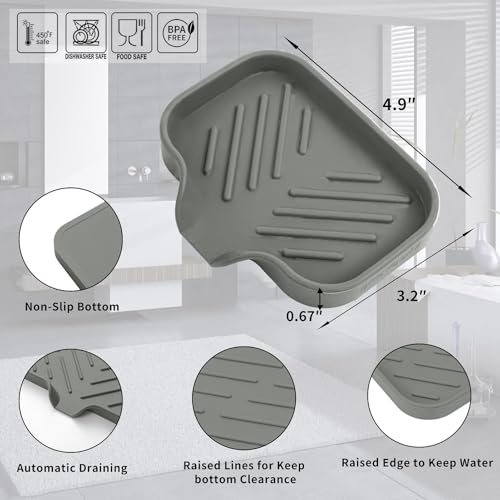 MicoYang Silicone Soap Dish with Drain Spout, Self-Draining Sink Organizer Tray for Bathroom and Kitchen, Sponges, Dispensers and Soap Holder, Non-Slip and Dishwasher Safe, Grey (Compact, 4.9"×3.2") - color: Grey, size: S(4.9"×3.2")